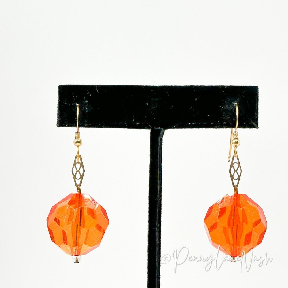 Vintage Single Sphere Orange Bead Dangle Hook Earrings